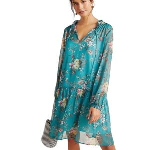 Anthropologie Maeve Emmy Teal Green Floral Printed Puff Sleeve Tunic Dress - S
